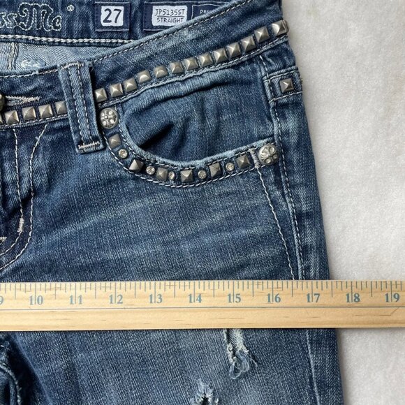 Vintage Y2K Miss Me Womens Denim Blue Studded Distressed Straight Jeans Size 27 - Picture 10 of 13